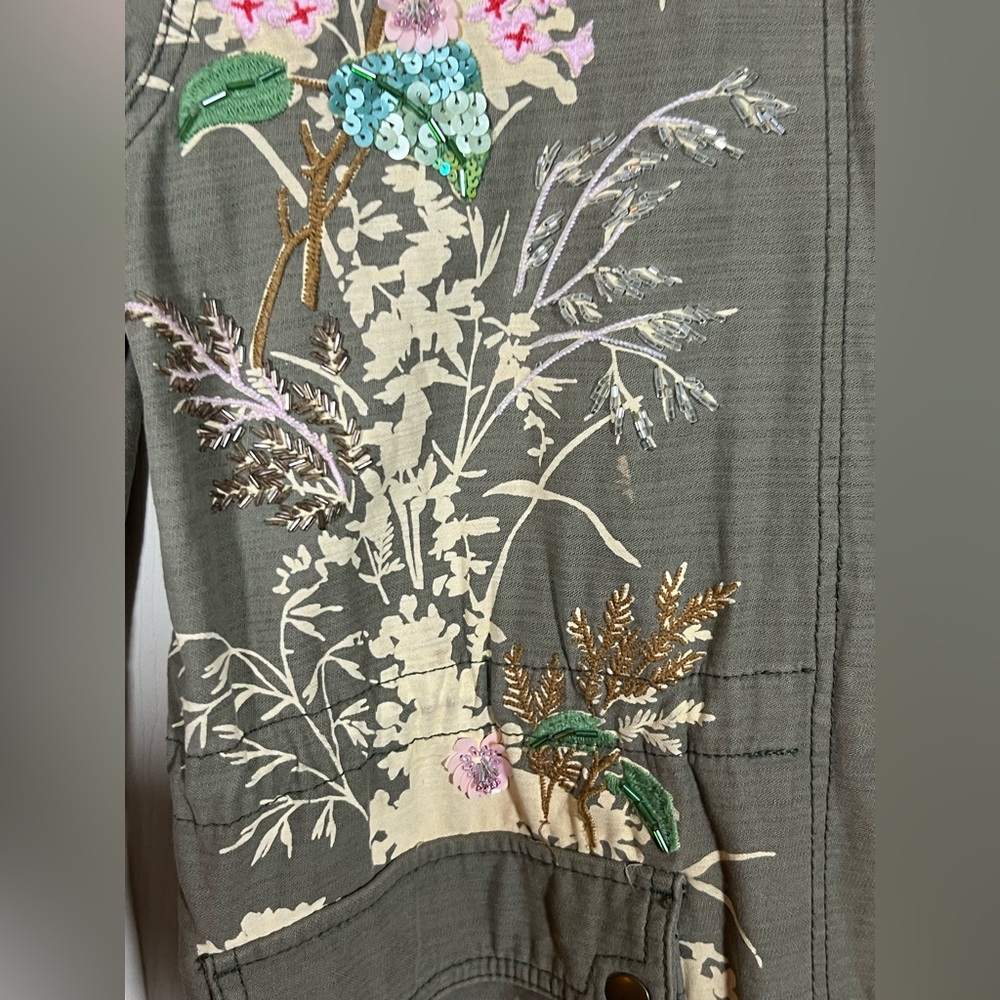 Anthropologie Embroidered Olive Utility Jacket - spring jacket lightweight S - L - Picture 4 of 9